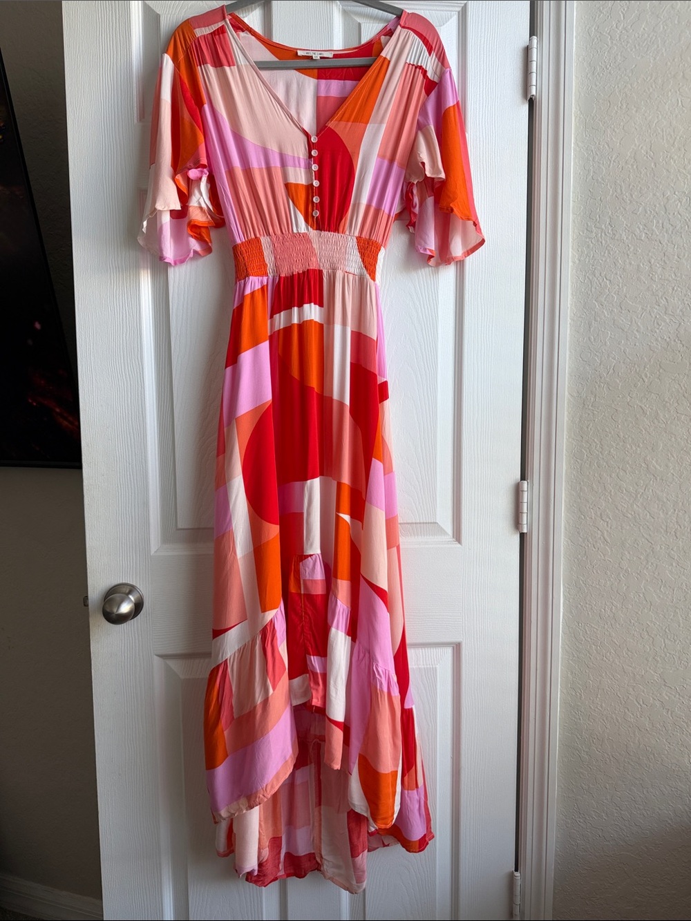 Abel the Label Abstract Pink & Red High-Low Maxi Dress with Flutter Sleeves